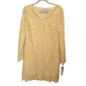 Katherine Kelly Yellow Lace Crochet Shift Dress Long Sleeve Sz 2 Cocktail Preppy